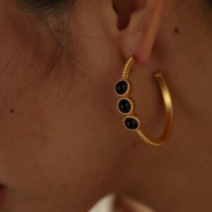 Black Agate Hoop Gold Earrings